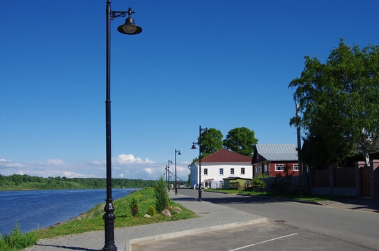 Tutaev, Russia - May, 2021: Volga river and a view of Borisoglebskaya side of Tutaev