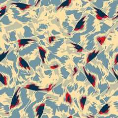 Fototapeta premium Fun yellow blue red abstract seamless texture. Modern retro swim wear fashion all over print. Coastal living cushion cover design or beach cottage fabric background. High quality jpg batik swatch.