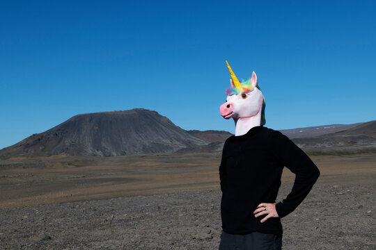 Man wearing unicorn mask standing with hand on hip against sky