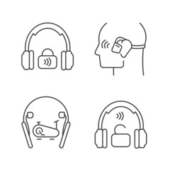 Wireless headphones linear icons set. Professional on ear headset. In ear earphones for sport activity. Customizable thin line contour symbols. Isolated vector outline illustrations. Editable stroke
