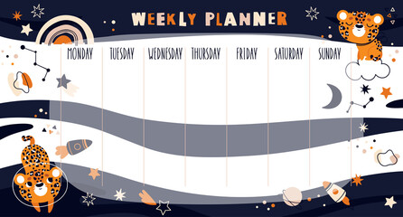Weekly planner for children. Cute space background with leopards and stars