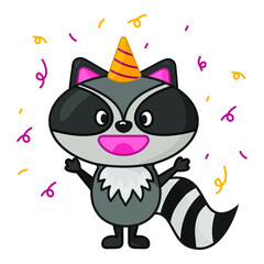 Cute happy raccoon birthday character flat style. Vector illustration
