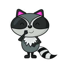 Cute flat style gigling raccoon character covers his mouth with his hand. Vector illustration