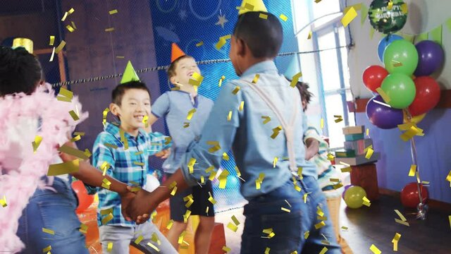 Animation of confetti falling over children dancing at party