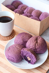 A homemade Ube bread with yam and cheese filling.
