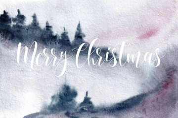 Watercolor landscape of christmas tree on snow for christmas background or greeting card