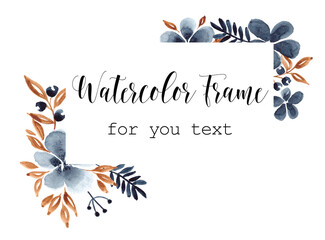 Watercolor floral frame with flowers, leaves, herbs isolated on a white background for business card. Floral greeting card or invitation. Navy blue color