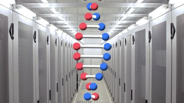Animation of dna strand spinning over computer servers