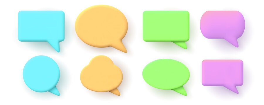 3d notification, chat message or speech bubbles shapes. Dialogue window, 3d render online conversation elements for social media vector set