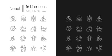 Nepal cultural heritage linear icons set for dark and light mode. Religious festivals. Tourist attractions. Customizable thin line symbols. Isolated vector outline illustrations. Editable stroke - obrazy, fototapety, plakaty