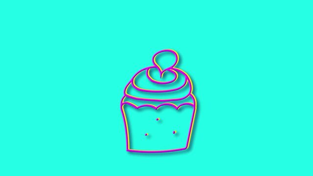 Sweet cake symbol, bright outline drawn by hand. Outline icon. Hand draw funny sketch. Blue background. High quality 4k video.
