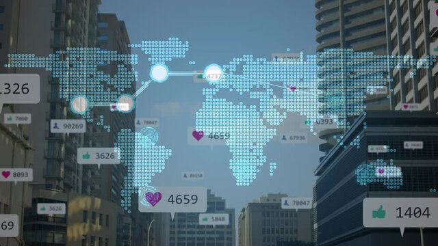 Animation of network of connections with social media icons and numbers changing over cityscape
