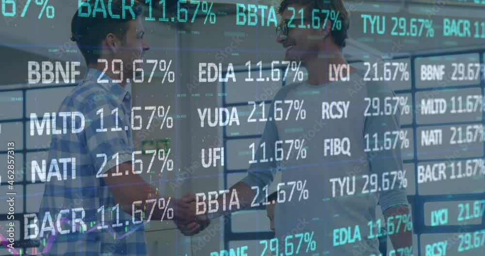 Poster Animation of financial data processing over businessman handshake