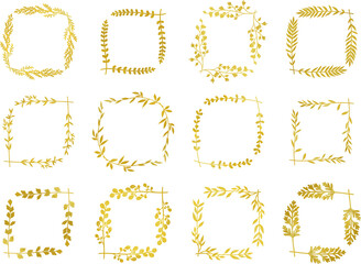 ゴールドのリーフ・植物で飾ったフレームセット　ベクター素材