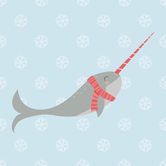 Winter illustration with cute narwhal in a scarf. Christmas and New Year concept. - obrazy, fototapety, plakaty