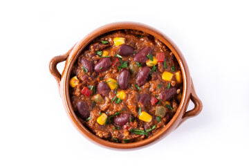 Traditional mexican tex mex chili con carne in bowl isolated on white background