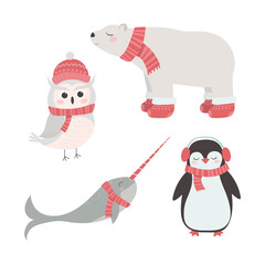 Set of cute animals in winter hats and scarves, penguin, snowy owl, polar bear, narwhal. Christmas and New Year concept.