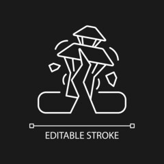 Earthquake in Nepal white linear icon for dark theme. Seismically active region. Damaged towns. Thin line customizable illustration. Isolated vector contour symbol for night mode. Editable stroke