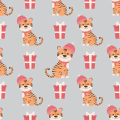 Christmas seamless pattern with cute tiger and gifts.