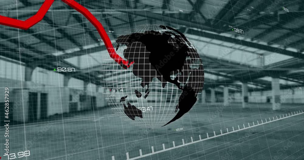 Poster spinning globe icon and red graph moving over financial data processinggainst empty office