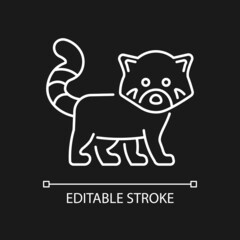 Red panda white linear icon for dark theme. Wildlife protection in Nepal. Endangered species. Thin line customizable illustration. Isolated vector contour symbol for night mode. Editable stroke