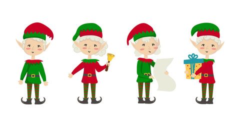 Vector illustration isolated on white background set of Christmas elves Santa Claus little helpers with holiday gifts. Christmas and New Year concept for cards, invitations, advent calendar.