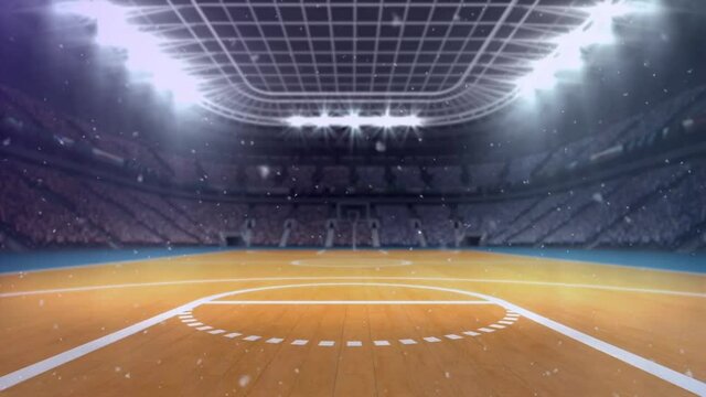 Animation of snow falling over basketball court sports stadium