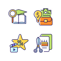 Outstanding aptitude RGB color icons set. Gifted actor and craftsman. Academic researcher. Talented businessman. Isolated vector illustrations. Simple filled line drawings collection