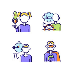 Kids talents RGB color icons set. Personal development. Creative talents. Mathematical intelligence. Ability to adapt. Isolated vector illustrations. Simple filled line drawings collection