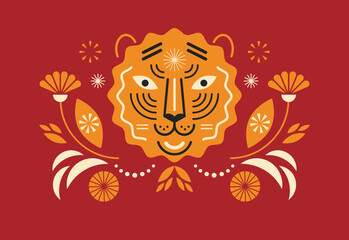 Head of tiger and decorative elements. Year of the Tiger. 