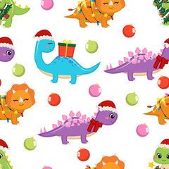 Obraz na płótnie Canvas Cute Christmas theme dinosaurs seamless pattern. Flat vector cartoon design