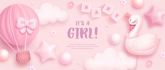 Baby shower horizontal banner with cartoon hot air balloon, swan, helium balloons and flowers on pink background. It's a girl. Vector illustration