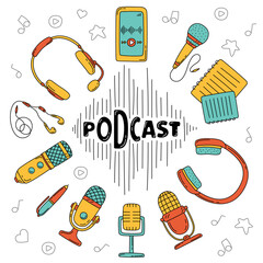 Podcast items set. Cover or banner for broadcast. Microphone, headphones, headset, smartphone hand drawn vector icon bundle
