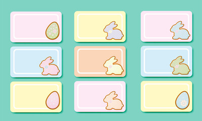 A set of Easter cards or stickers with rabbits and eggs in delicate colors.