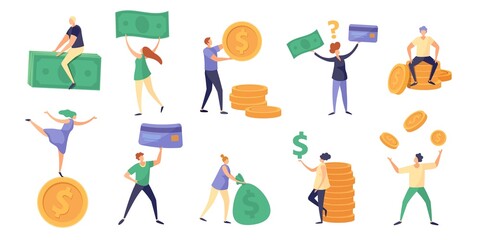 Tiny characters hold money bill, coin and salary. Cartoon rich people with currency. Finance debts, savings and investing concept vector set