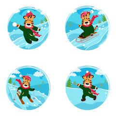 A cute tiger enjoys ice skating, skiing, sledding. Set of animal characters engaged in various winter entertainments.