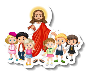 Jesus Christ with children group sticker on white background