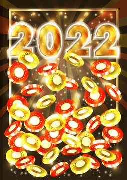 New 2022 year, Christmas Casino card with poker chips, vector illustration