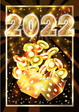 Happy New 2022 year, Christmas Casino wallpaper with poker chips and dice, vector illustration
