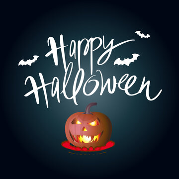 Scary Halloween pumpkin smile with fire inside for party night. Halloween pumpkin with eyes glowing inside. Happy Halloween lettering. Handwritten calligraphy.