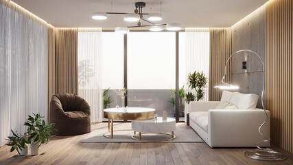 Stylish living room interior of modern apartment and trendy furniture, plants and elegant accessories. Home decor. Template, 3D render. Loft interior, industrial style.
Interior in beige shades