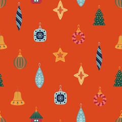 Christmas decorations. New Years design of fabric, packaging, gift paper. Seamless pattern.