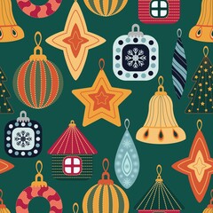Christmas decorations. New Years design of fabric, packaging, gift paper. Seamless pattern.