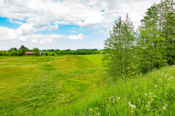 Obraz na płótnie Canvas warmia mazury warmińsko-mazurskie pole pola łąka stodoła wieś wioska sielsko farma obszar wiejski pastwisko zielono zieleń rolnictwo