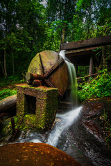 water wheel and cold water in stream in the forest.