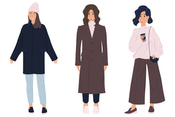 Set of women in fashionable clothes vector illustration. Collection of stylish women clothes isolated. Fashionable girl demonstrates autumn clothes