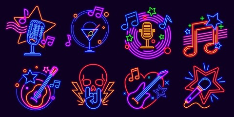 Neon signs for karaoke club and stand up comedy show. Music party night glowing logo with microphones and note. Karaoke bar event vector set - obrazy, fototapety, plakaty