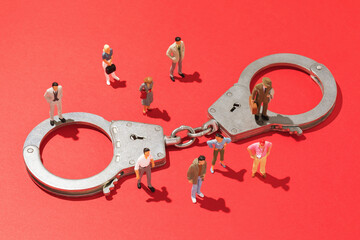 Handcuffs and toy men made of plastic on a red background, a concept on the topic of crime in...