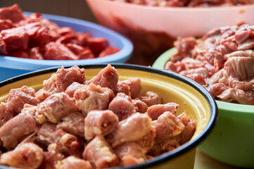 preparation of food for raw feeding. BARF food for dogs and cats. Packaging of food for animals.
