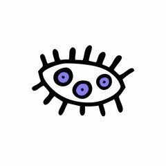 Doodle scary eye. Hand-drawn crazy monster element. Violet eyeball with three pupils, eyelashes. Witch, zombie sketch sign. Spooky symbol. Vector illustration for Halloween, creepy autumn scary party